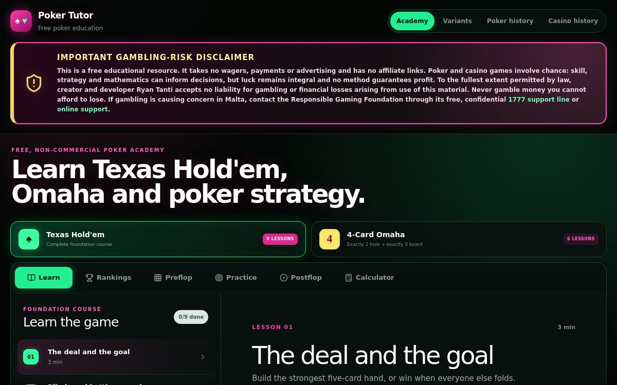 Knights Poker showing its responsible-gambling disclaimer and Texas Hold'em learning course